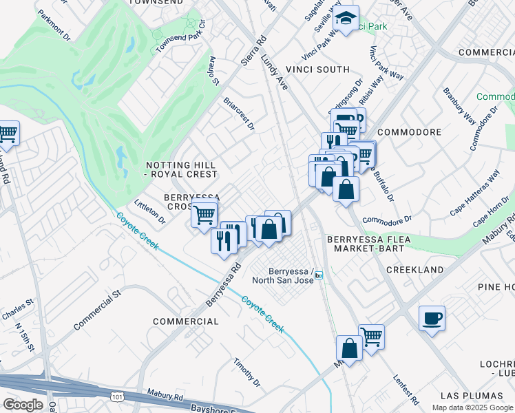map of restaurants, bars, coffee shops, grocery stores, and more near 1646 Hittell Place in San Jose
