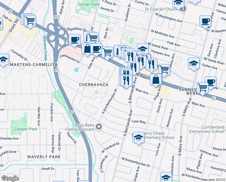 map of restaurants, bars, coffee shops, grocery stores, and more near 665 South Knickerbocker Drive in Sunnyvale