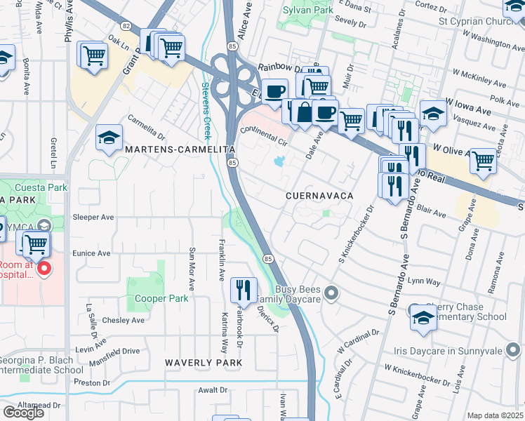 map of restaurants, bars, coffee shops, grocery stores, and more near 1200 Dale Avenue in Mountain View