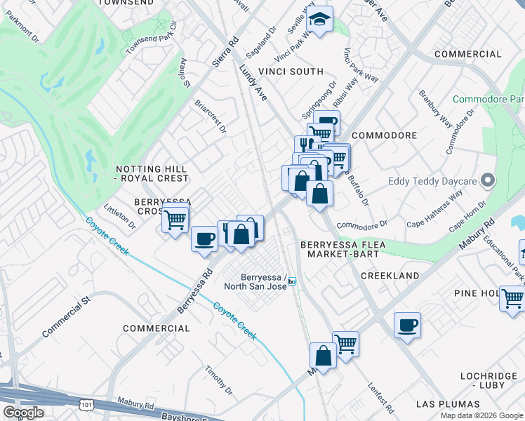map of restaurants, bars, coffee shops, grocery stores, and more near 1637 Fern Pine Court in San Jose