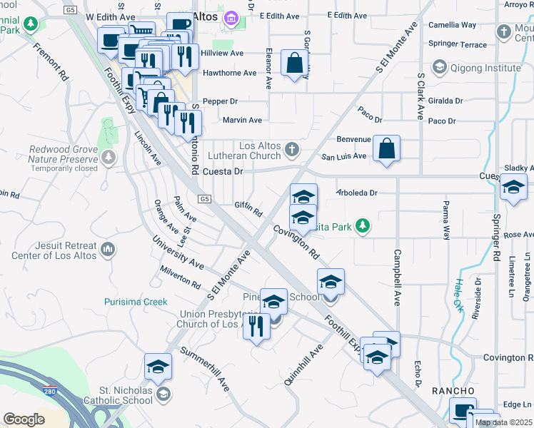map of restaurants, bars, coffee shops, grocery stores, and more near 179 Giffin Road in Los Altos