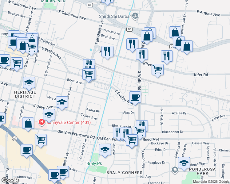 map of restaurants, bars, coffee shops, grocery stores, and more near 138 Hornbeam Terrace in Sunnyvale