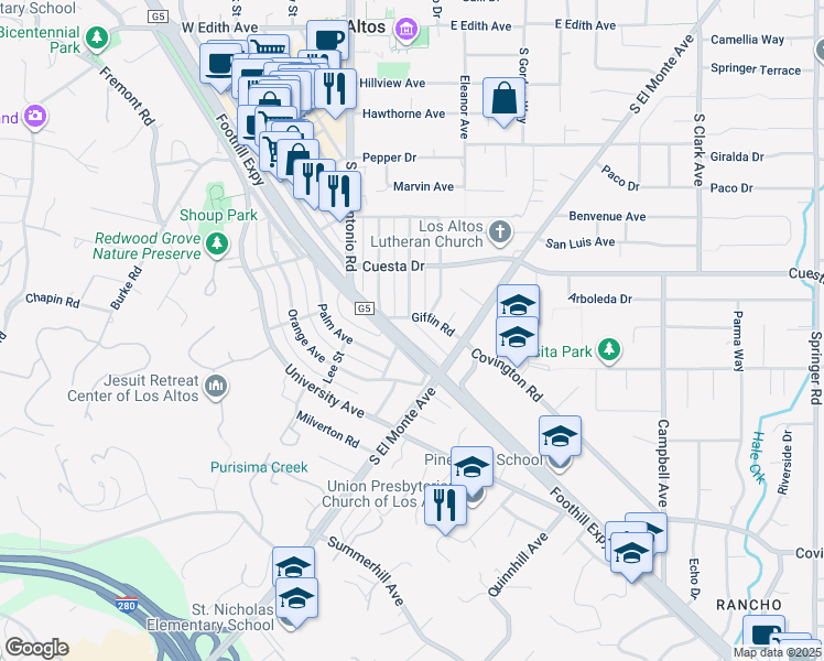 map of restaurants, bars, coffee shops, grocery stores, and more near 584 Lassen Street in Los Altos