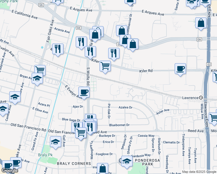 map of restaurants, bars, coffee shops, grocery stores, and more near 215 Red Oak Drive in Sunnyvale