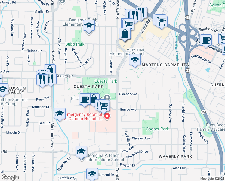 map of restaurants, bars, coffee shops, grocery stores, and more near 2094 Grant Road in Mountain View