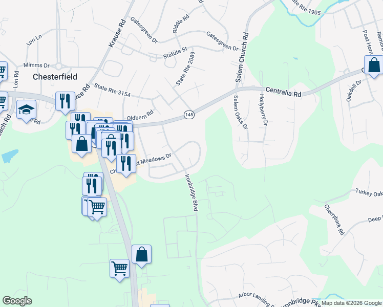 map of restaurants, bars, coffee shops, grocery stores, and more near 10501 Homeland Court in Chesterfield