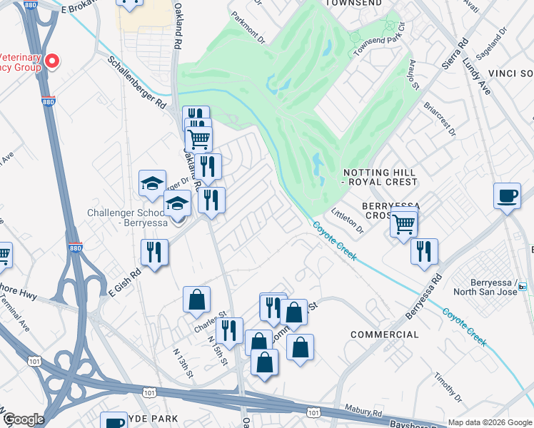 map of restaurants, bars, coffee shops, grocery stores, and more near 1350 Oakland Road in San Jose