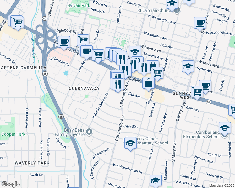 map of restaurants, bars, coffee shops, grocery stores, and more near 643 South Bernardo Avenue in Sunnyvale