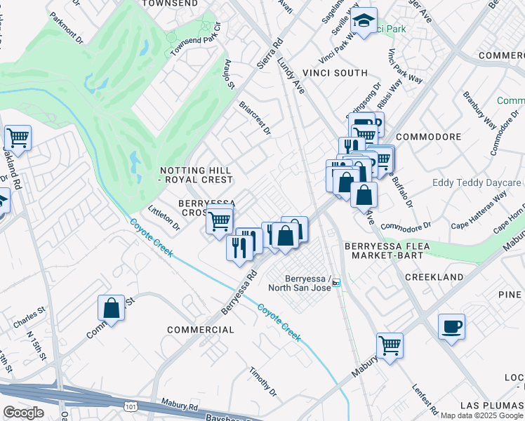 map of restaurants, bars, coffee shops, grocery stores, and more near 1032 Abruzzo Lane in San Jose