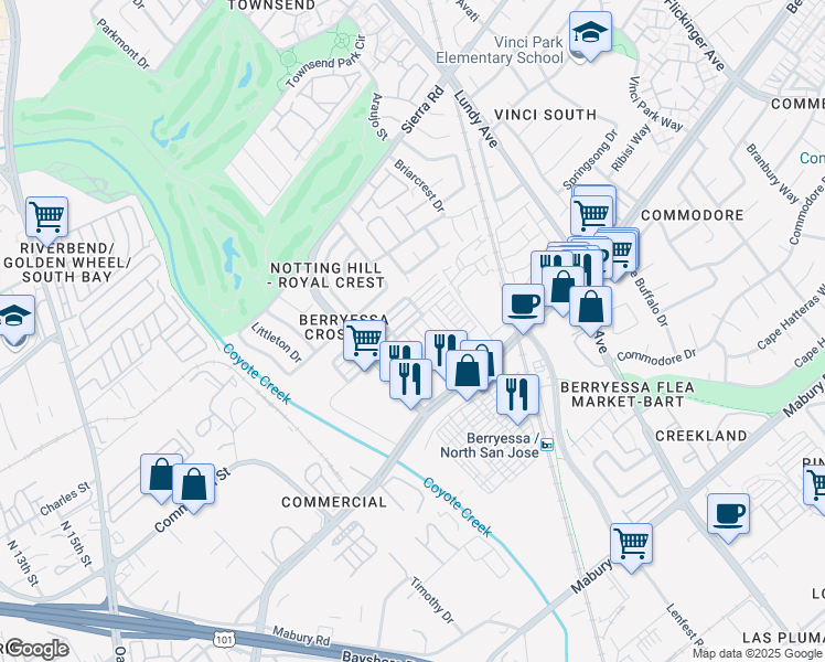 map of restaurants, bars, coffee shops, grocery stores, and more near 1032 Abruzzo Lane in San Jose