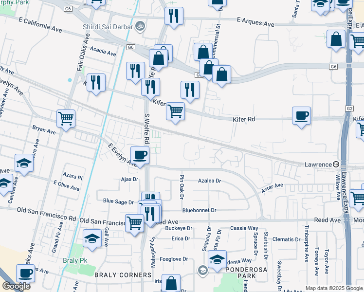map of restaurants, bars, coffee shops, grocery stores, and more near 210 Red Oak Drive in Sunnyvale