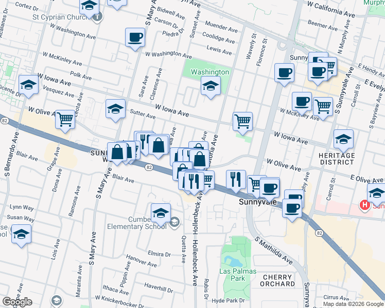 map of restaurants, bars, coffee shops, grocery stores, and more near 458 Purisima Avenue in Sunnyvale