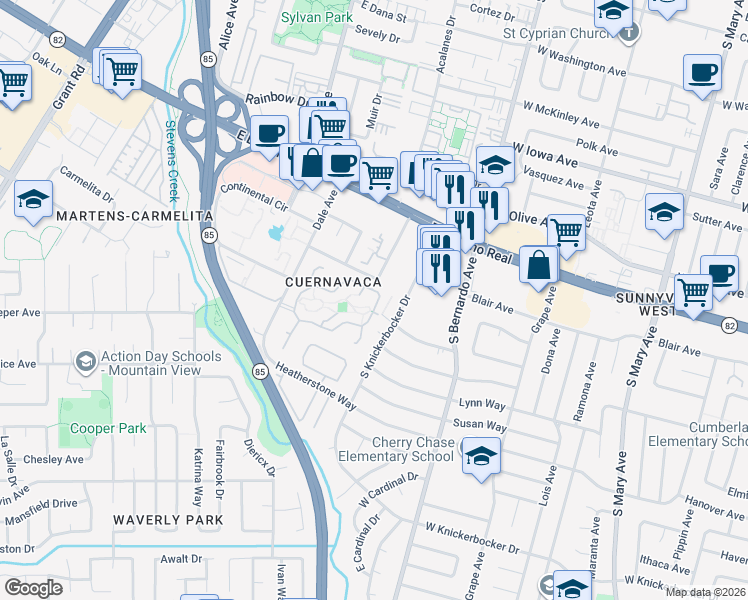 map of restaurants, bars, coffee shops, grocery stores, and more near 1347 Cuernavaca Circulo in Mountain View