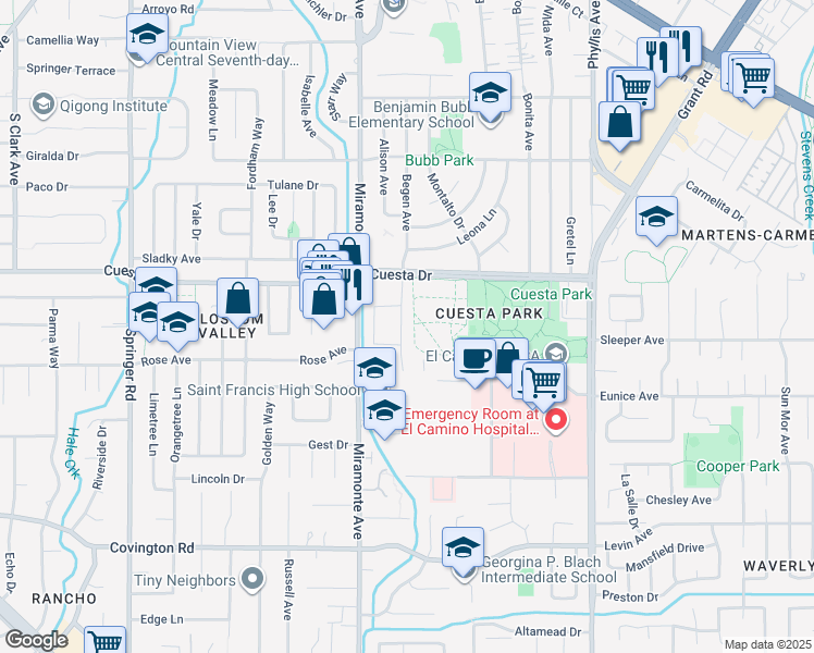 map of restaurants, bars, coffee shops, grocery stores, and more near 1747 Begen Avenue in Mountain View