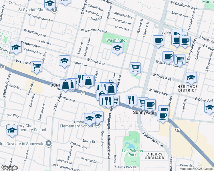 map of restaurants, bars, coffee shops, grocery stores, and more near 458 Purisima Avenue in Sunnyvale