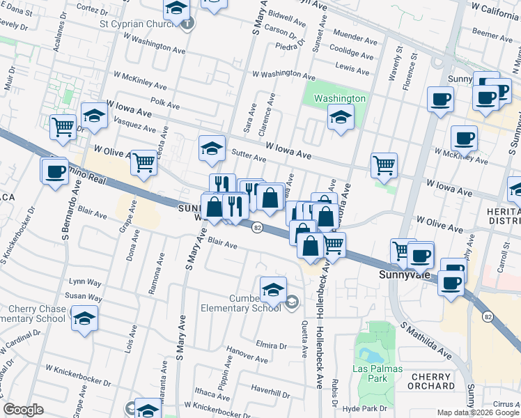 map of restaurants, bars, coffee shops, grocery stores, and more near 486 Ositos Avenue in Sunnyvale