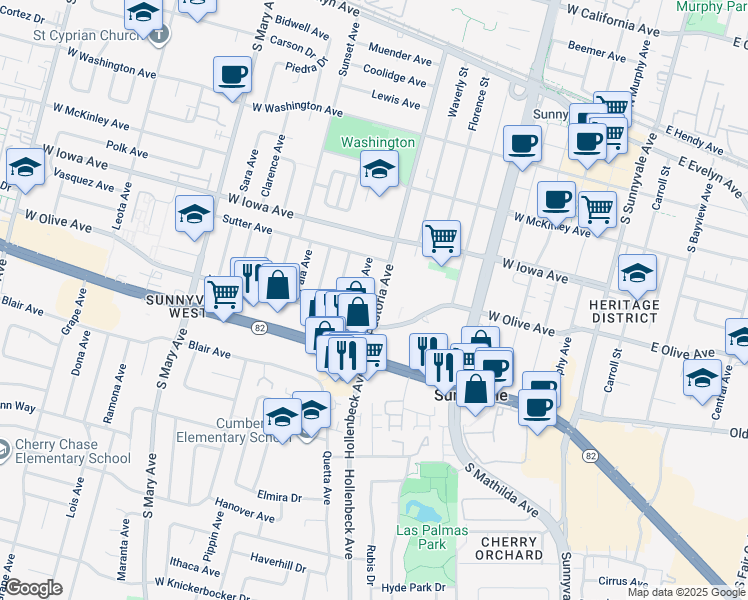 map of restaurants, bars, coffee shops, grocery stores, and more near 469 South Pastoria Avenue in Sunnyvale