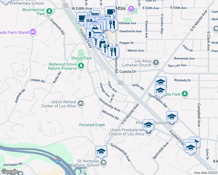 map of restaurants, bars, coffee shops, grocery stores, and more near 614 Palm Avenue in Los Altos