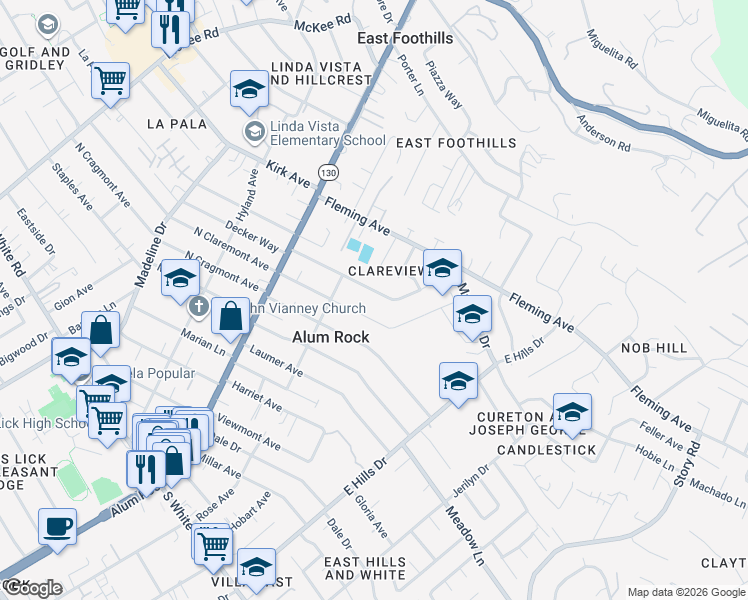 map of restaurants, bars, coffee shops, grocery stores, and more near 129 Clareview Avenue in San Jose