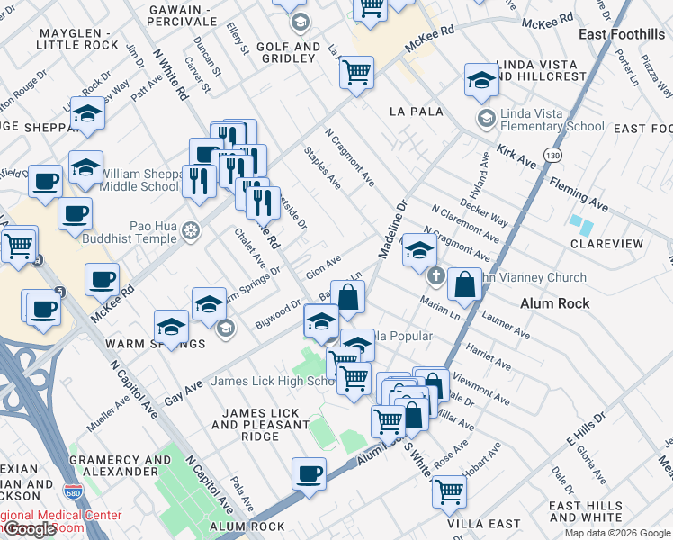 map of restaurants, bars, coffee shops, grocery stores, and more near 4063 Gion Avenue in San Jose