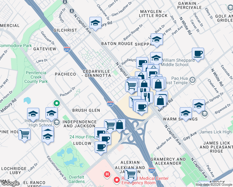 map of restaurants, bars, coffee shops, grocery stores, and more near 486 Genoa Drive in San Jose
