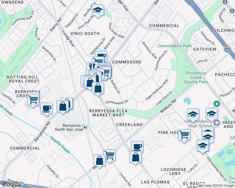 map of restaurants, bars, coffee shops, grocery stores, and more near 937 Cape Buffalo Drive in San Jose