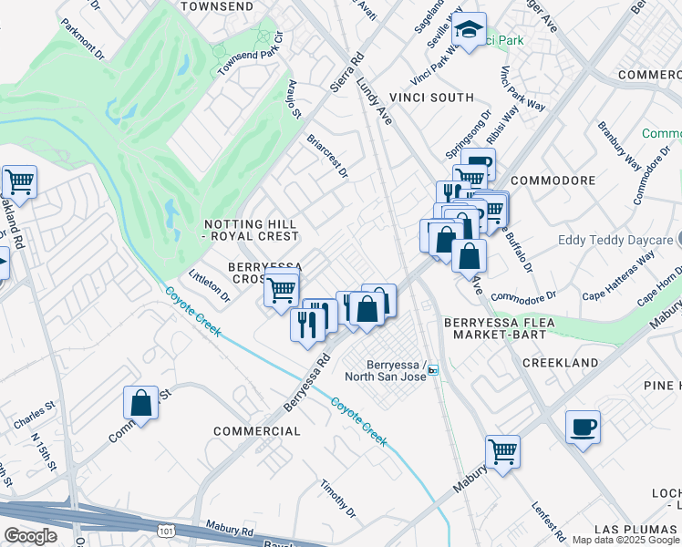 map of restaurants, bars, coffee shops, grocery stores, and more near 1032 Abruzzo Lane in San Jose