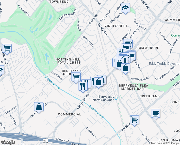 map of restaurants, bars, coffee shops, grocery stores, and more near 1032 Abruzzo Lane in San Jose