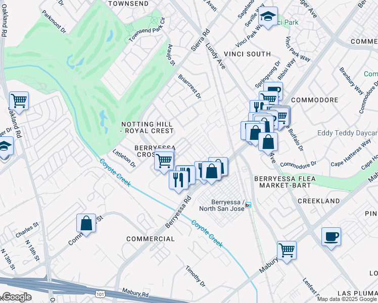 map of restaurants, bars, coffee shops, grocery stores, and more near 1032 Abruzzo Lane in San Jose