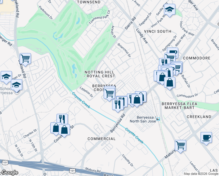map of restaurants, bars, coffee shops, grocery stores, and more near 1206 Mayberry Lane in San Jose