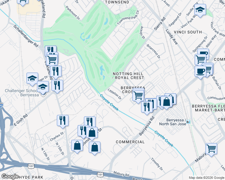 map of restaurants, bars, coffee shops, grocery stores, and more near 1288 Hazlett Way in San Jose