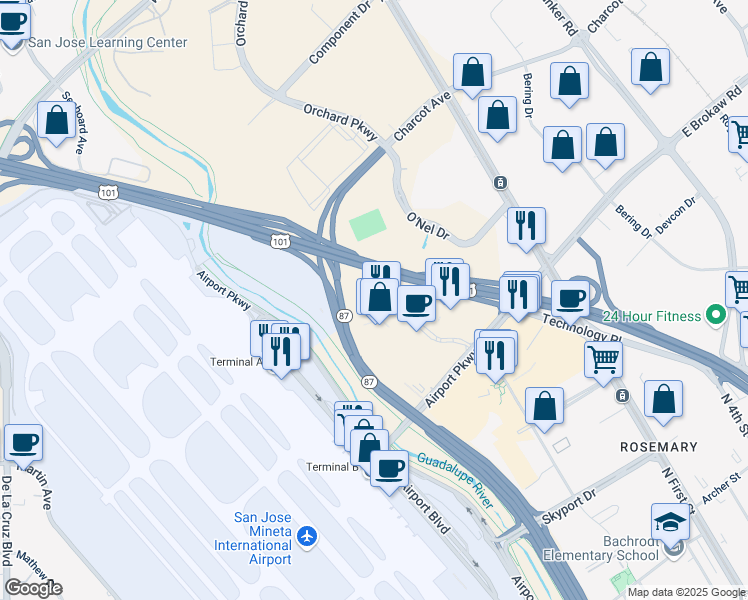 map of restaurants, bars, coffee shops, grocery stores, and more near 2099 Gateway Place in San Jose