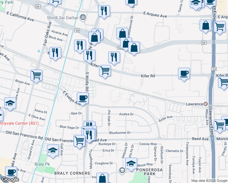 map of restaurants, bars, coffee shops, grocery stores, and more near 210 Red Oak Drive in Sunnyvale
