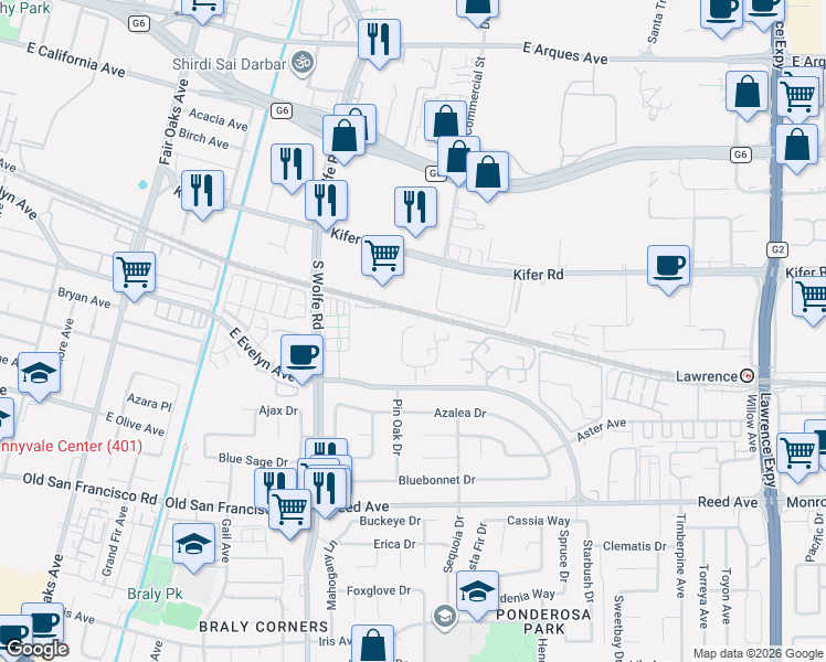 map of restaurants, bars, coffee shops, grocery stores, and more near 210 Red Oak Drive in Sunnyvale