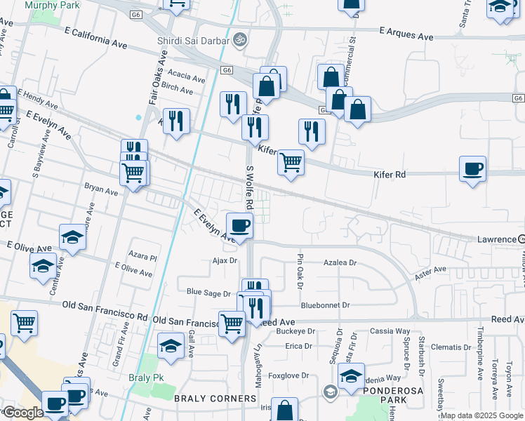 map of restaurants, bars, coffee shops, grocery stores, and more near 211 Peppermint Tree Terrace in Sunnyvale