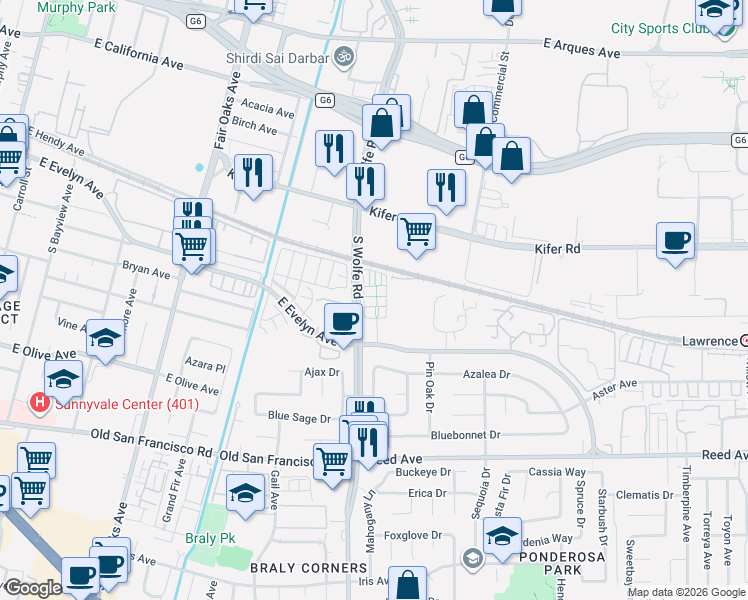 map of restaurants, bars, coffee shops, grocery stores, and more near 211 Peppermint Tree Terrace in Sunnyvale