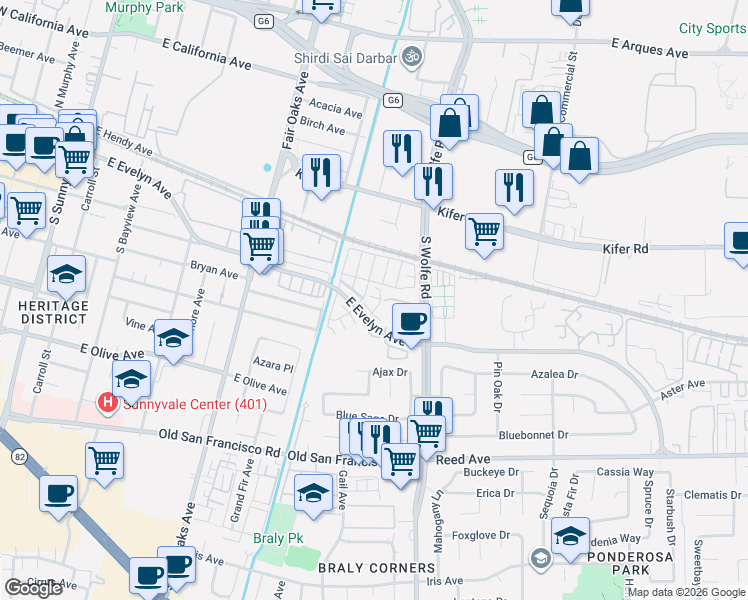 map of restaurants, bars, coffee shops, grocery stores, and more near 152 Ivory Palm Terrace in Sunnyvale