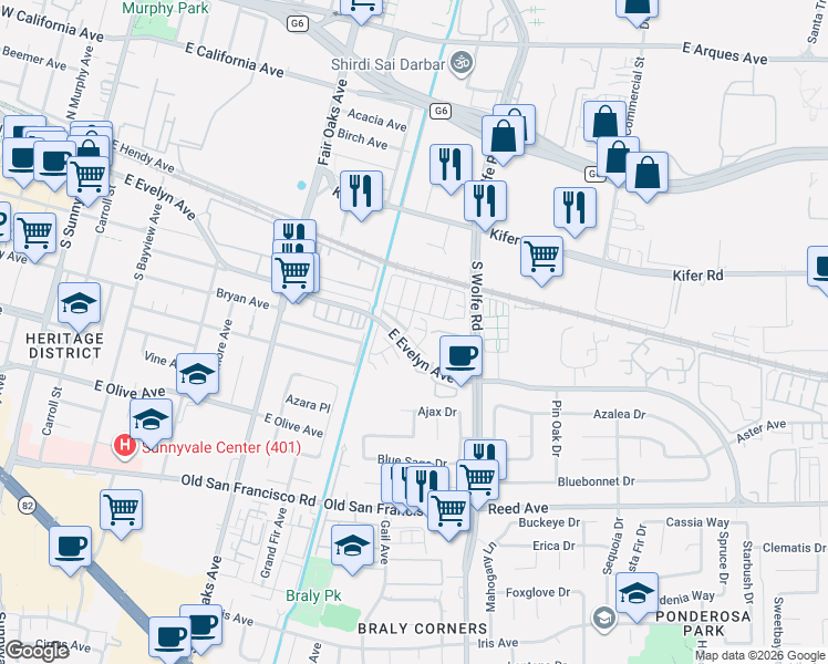 map of restaurants, bars, coffee shops, grocery stores, and more near 152 Ivory Palm Terrace in Sunnyvale