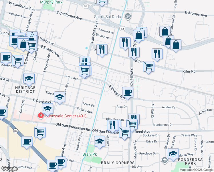 map of restaurants, bars, coffee shops, grocery stores, and more near 138 Hornbeam Terrace in Sunnyvale