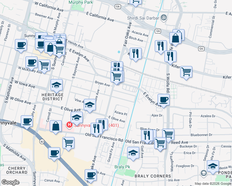 map of restaurants, bars, coffee shops, grocery stores, and more near in Sunnyvale