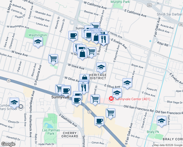 map of restaurants, bars, coffee shops, grocery stores, and more near 148 East Iowa Avenue in Sunnyvale