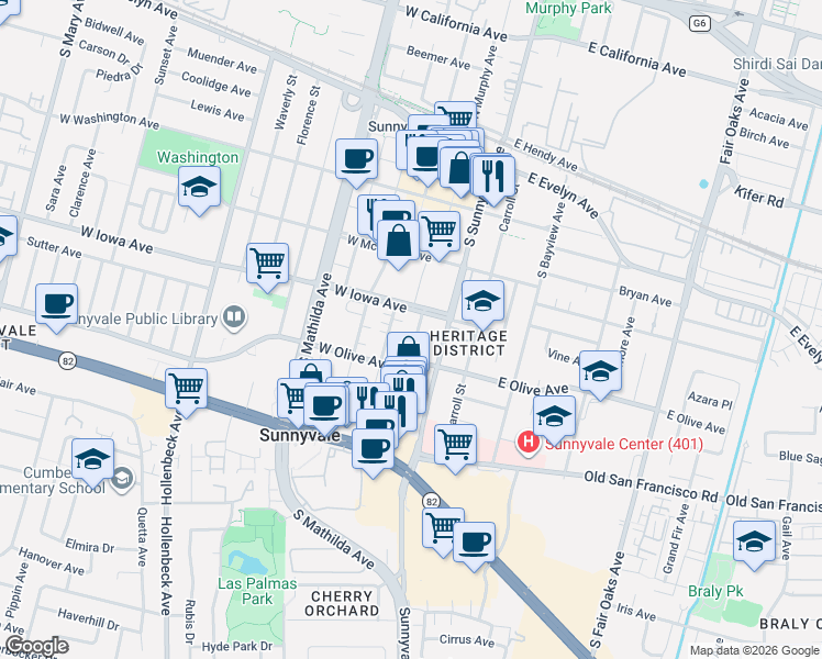 map of restaurants, bars, coffee shops, grocery stores, and more near 416 South Frances Street in Sunnyvale