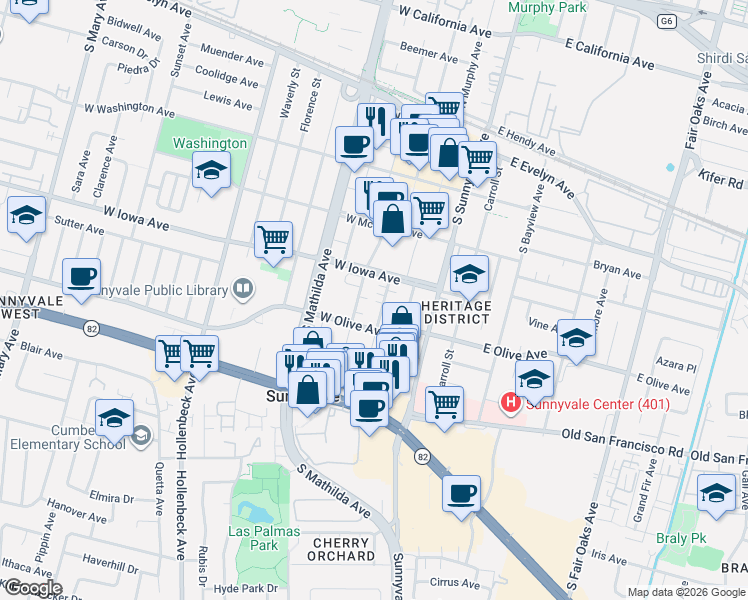 map of restaurants, bars, coffee shops, grocery stores, and more near 322 Polaris Terrace in Sunnyvale