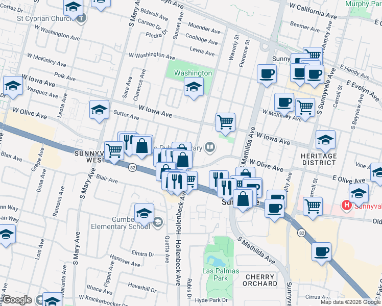 map of restaurants, bars, coffee shops, grocery stores, and more near 435 South Pastoria Avenue in Sunnyvale