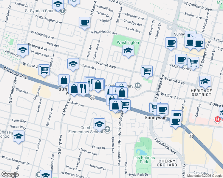 map of restaurants, bars, coffee shops, grocery stores, and more near 475 Peralta Avenue in Sunnyvale