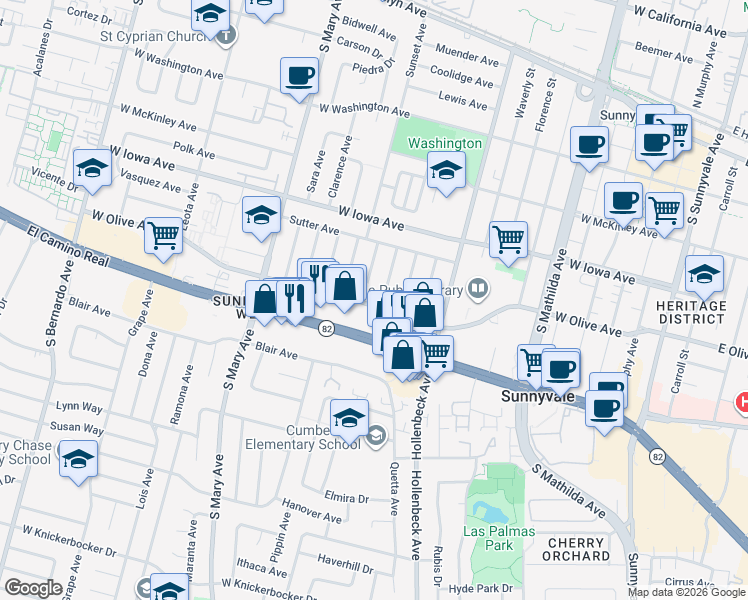 map of restaurants, bars, coffee shops, grocery stores, and more near 475 Peralta Avenue in Sunnyvale