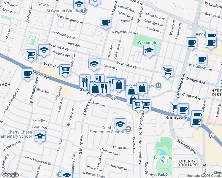 map of restaurants, bars, coffee shops, grocery stores, and more near 498 Novato Avenue in Sunnyvale