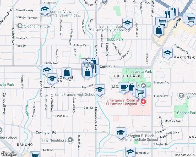 map of restaurants, bars, coffee shops, grocery stores, and more near 1732 Crane Avenue in Mountain View