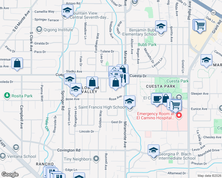 map of restaurants, bars, coffee shops, grocery stores, and more near 1733 Peartree Lane in Mountain View