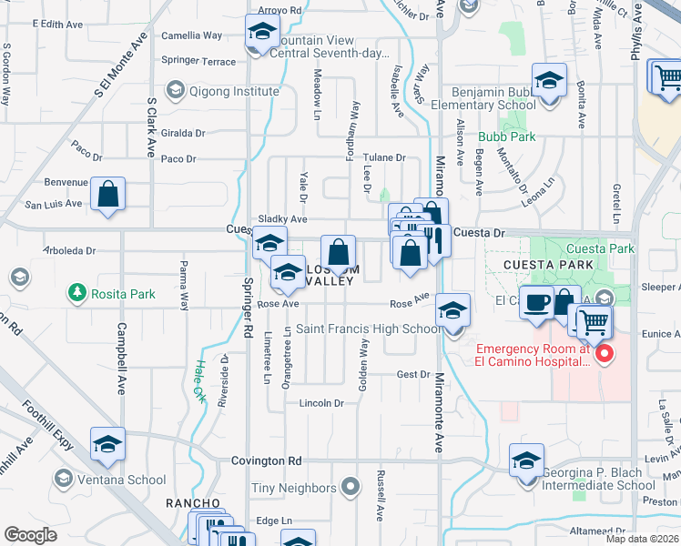 map of restaurants, bars, coffee shops, grocery stores, and more near 1730 Cherrytree Lane in Mountain View